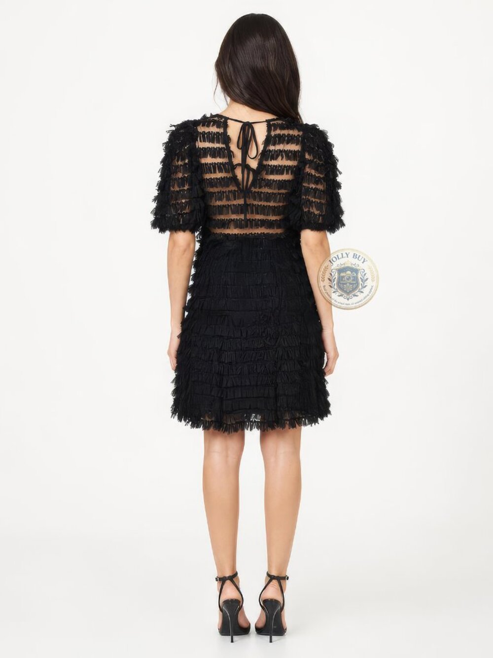 Zara Women’s Dress Puff Sleeves Textured Fringe Detailing Black Size S NEW - Picture 2 of 5